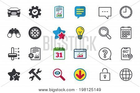 Transport icons. Car tachometer and automatic transmission symbols. Repair service tool with wheel sign. Chat, Report and Calendar signs. Stars, Statistics and Download icons. Vector