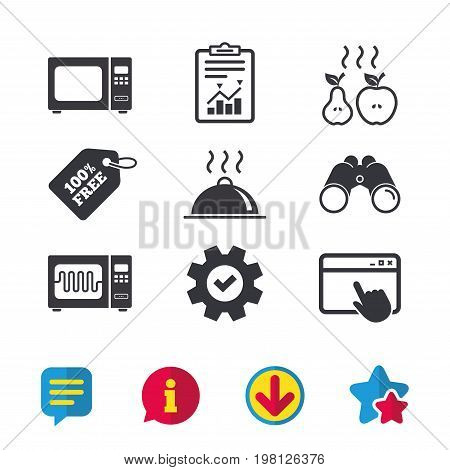 Microwave grill oven icons. Cooking apple and pear signs. Food platter serving symbol. Browser window, Report and Service signs. Binoculars, Information and Download icons. Stars and Chat. Vector