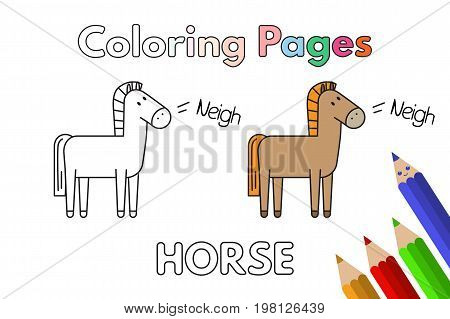 Cartoon horse illustration. Vector coloring book pages for children