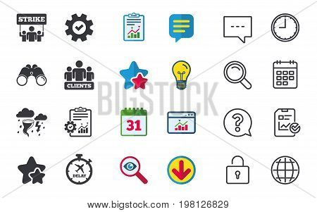 Strike icon. Storm bad weather and group of people signs. Delayed flight symbol. Chat, Report and Calendar signs. Stars, Statistics and Download icons. Question, Clock and Globe. Vector