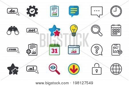 Top-level internet domain icons. De, Com, Net and Nl symbols with cursor pointer. Unique national DNS names. Chat, Report and Calendar signs. Stars, Statistics and Download icons. Vector