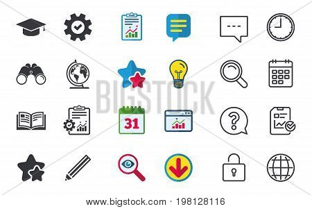 Pencil and open book icons. Graduation cap and geography globe symbols. Education learn signs. Chat, Report and Calendar signs. Stars, Statistics and Download icons. Question, Clock and Globe. Vector