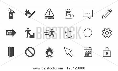 Fire safety, emergency icons. Fire extinguisher, exit and attention signs. Caution, water drop and way out symbols. Chat, Report and Calendar line signs. Service, Pencil and Locker icons. Vector