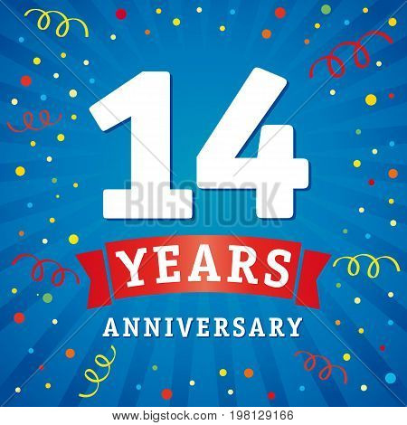 14 years anniversary logo celebration card. 14th years anniversary vector background with red ribbon and colored confetti on blue flash radial lines