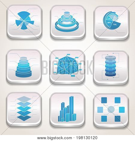 Blue charts isolated realistic icon set on silver background with different types diagrams vector illustration