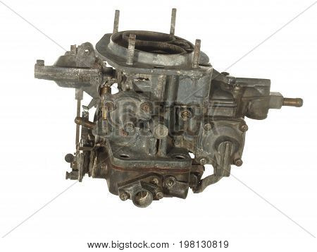 Old worn carburettor from an old car isolated on white background.