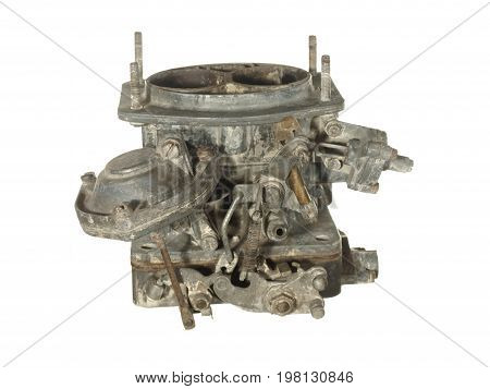 Old worn carburettor from an old car isolated on white background.