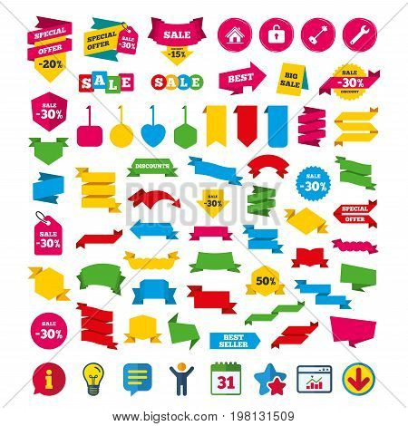 Home key icon. Wrench service tool symbol. Locker sign. Main page web navigation. Shopping tags, banners and coupons signs. Calendar, Information and Download icons. Stars, Statistics and Chat. Vector