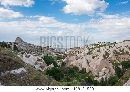 Pigeon valley and Ushisar castle in Cappadocia Central Anatolia Turkey