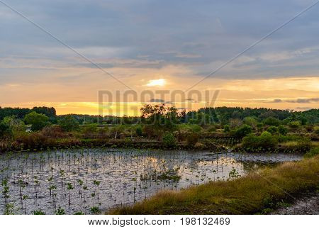 Beautiful Panorama View Of Sunset Background In The Countryside Of Thailand.