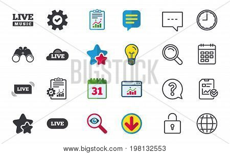 Live music icons. Karaoke or On air stream symbols. Cloud sign. Chat, Report and Calendar signs. Stars, Statistics and Download icons. Question, Clock and Globe. Vector