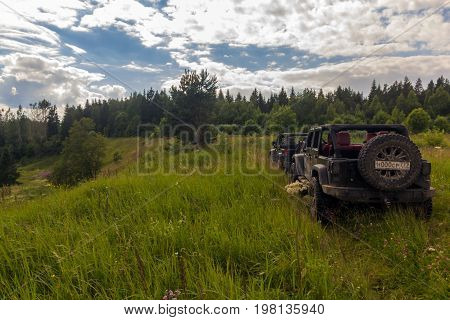 29.07.2017. Leningrad region. Russia. camping cars Jeep Wrangler. Wrangler is a compact SUV manufactured by Chrysler