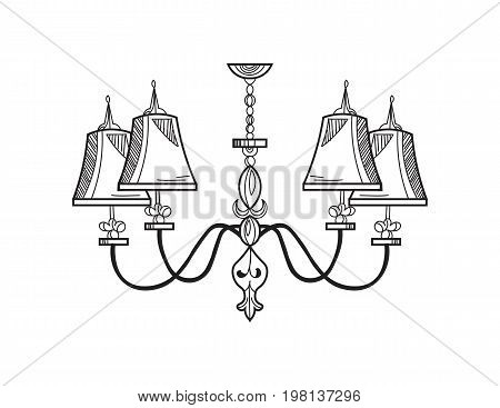 Rich Baroque Classic chandelier. Luxury decor accessory design. Vector illustrations sketch