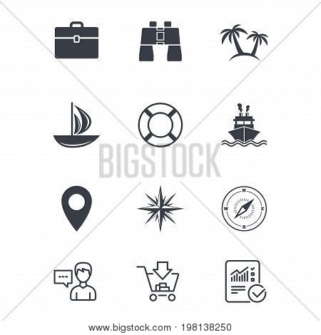 Cruise trip, ship and yacht icons. Travel, cocktails and palm trees signs. Sunglasses, windrose and swimming symbols. Customer service, Shopping cart and Report line signs. Vector