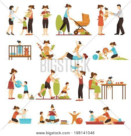 Babysitter flat set of decorative colored icons with nanny parents and kids in various situations isolated vector illustration