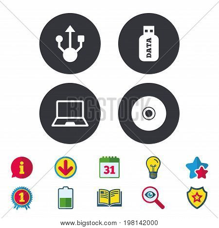 Usb flash drive icons. Notebook or Laptop pc symbols. CD or DVD sign. Compact disc. Calendar, Information and Download signs. Stars, Award and Book icons. Light bulb, Shield and Search. Vector