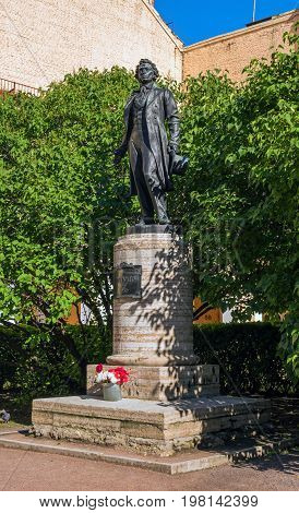 Saint Petersburg, Russia - July 30, 2017: Monument to A.S. Pushkin in the courtyard of the house-museum on the embankment of the Moika 12. The author of the monument is the sculptor N. V. Dydykin.