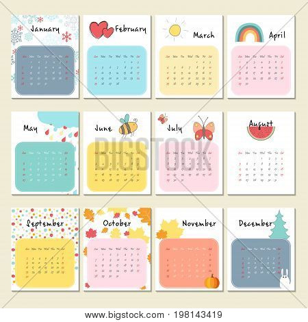 Unusual calendar for 2018 with cartoon and funny illustrations . Vector illustration in cute style. Week starts Sunday