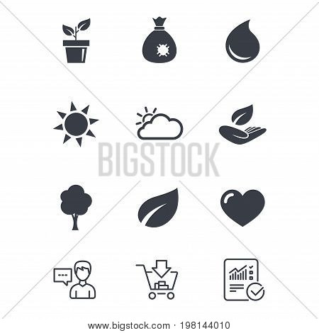 Garden sprout, leaf icons. Nature and weather signs. Sun, cloud and tree symbols. Customer service, Shopping cart and Report line signs. Online shopping and Statistics. Vector