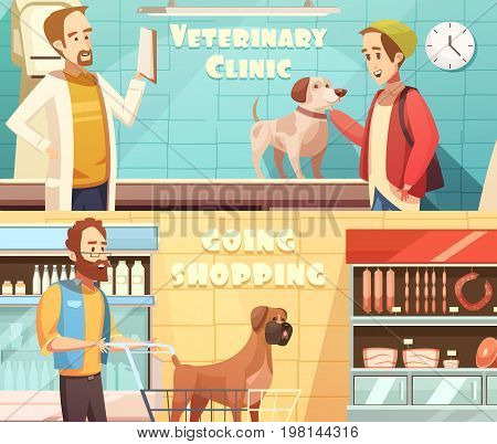 Dog horizontal banners set with veterinary and shopping symbols cartoon isolated vector illustration