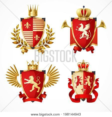 Heraldic coat of arms on shields realistic set isolated vector illustration