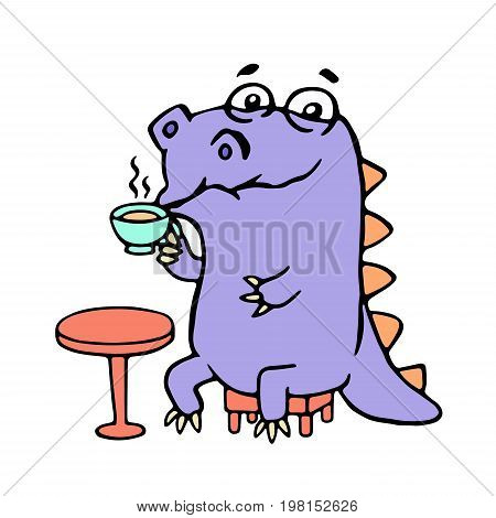 Cartoon purple croc drinking coffee. Vector illustration. Digital drawing cute character.