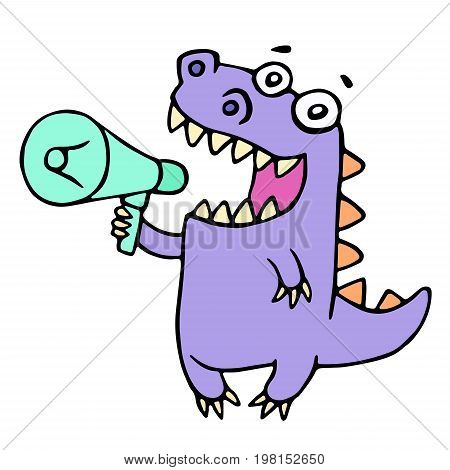 Happy purple dragon shouting in loudspeaker. Vector illustration. Cute cartoon character.