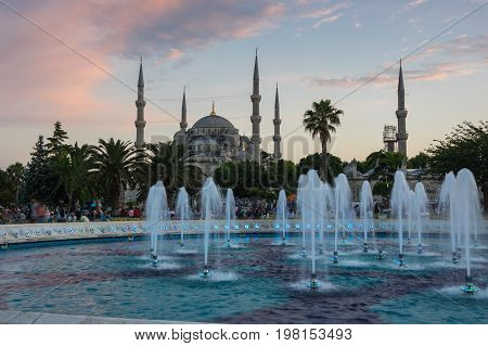 ISTANBUL TURKEY - JUNE 25 2015: Sultan Ahmet Mosque (Turkish: Sultan Ahmet Camii) is a historic mosque in Istanbul Turkey. The mosque is popularly known as the Blue Mosque for the blue tiles adorning the walls of its interior