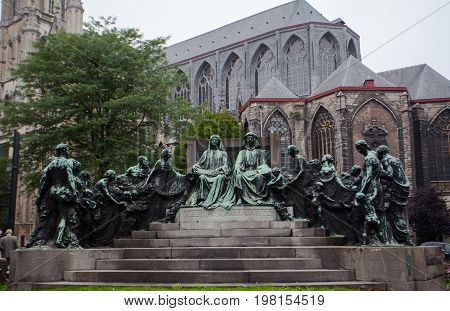 Ghent, Belgium - June 26, 2011: Saint Bavon Statue in front of St. Baafskathedraal cathedral