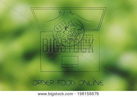 Online Meal Order Plate Coming Out Of Laptop Screen