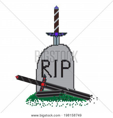 Pixel illustration for the game over screen with dark and light swords at the grave. Light sword stuck in a tombstone darksword is broken. Picture for computer or console game