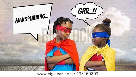 Digital composite of Mansplaining Superhero kids with cloudy sky wall and chat bubbles