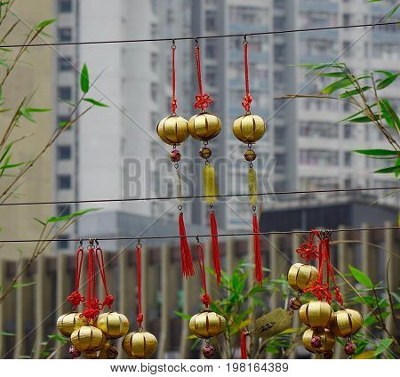 Golden Lucky Lanterns At Temple In Hong Kong