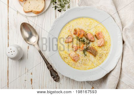 Creamy Fish Soup With Salmon, Potatoes, Onions And Carrots. Kalakeitto. Traditional Dish Of The Finn
