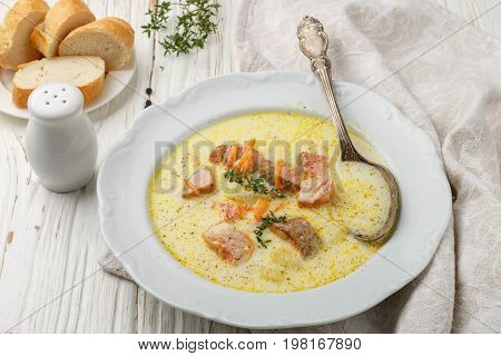 Creamy Fish Soup With Salmon, Potatoes, Onions And Carrots. Kalakeitto. Traditional Dish Of The Finn