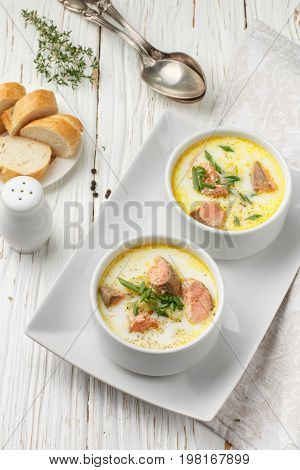 Creamy Fish Soup With Salmon, Potatoes, Onions And Carrots. Kalakeitto. Traditional Dish Of The Finn