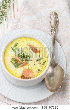 Creamy Fish Soup With Salmon, Potatoes, Onions And Carrots. Kalakeitto. Traditional Dish Of The Finn