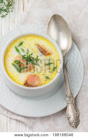 Creamy Fish Soup With Salmon, Potatoes, Onions And Carrots. Kalakeitto. Traditional Dish Of The Finn