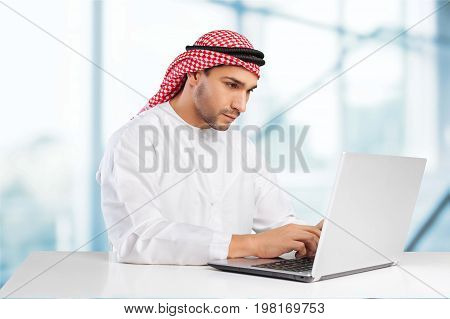 Man laptop work arab white computer background