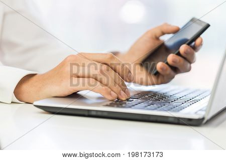 Male hands phone laptop it technology tablet pc computer technology