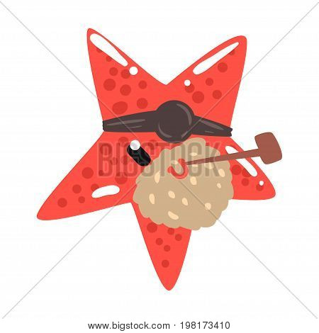 Funny cartoon red starfish pirate with an eye patch smoking pipe colorful character vector Illustration on a white background