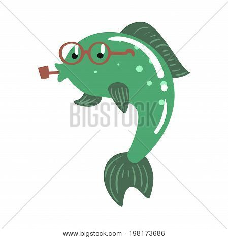 Funny cartoon green fish in glasses smoking pipe colorful character vector Illustration on a white background