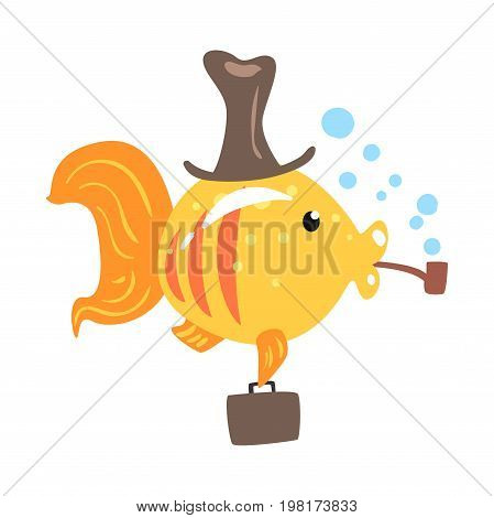 Funny cartoon golden fish in a hat with briefcase smoking pipe colorful character vector Illustration on a white background