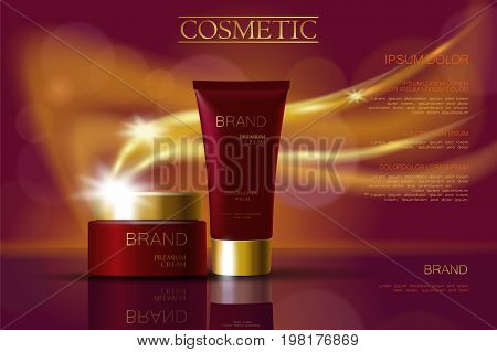 Golden deep red skincare cream package cosmetics ads. Realistic 3d vector illustration promotion poster. Flying delicate defocused glowing wave swirl background template art