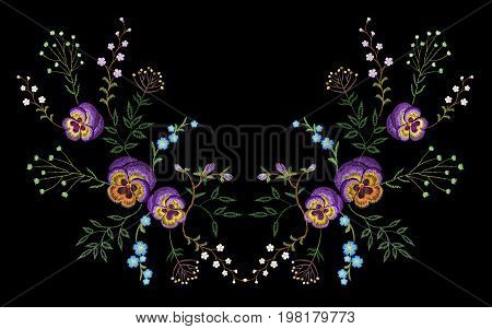 Embroidery pancies floral reflection small branches wild herb with little blue violet field flower. Ornate traditional folk fashion patch design neckline black vector illustration art