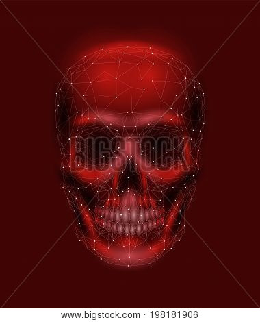 Scary human skull bone. Man head jaw eyes nose tooth. Low poly geometric connected dots triangle future technology design background red vector medicine illustration art