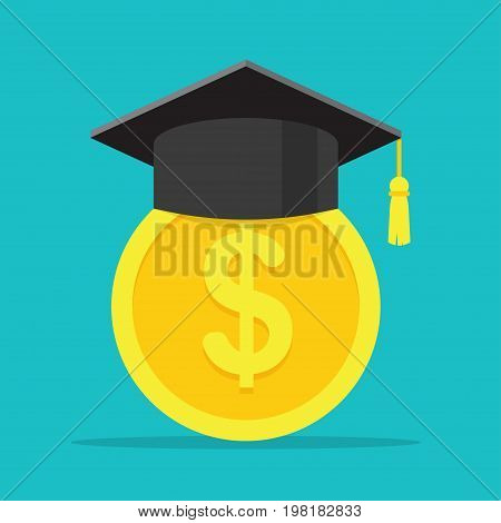 Conception of education fee. investment in education. Graduation cap and gold coin. Vector illustration.