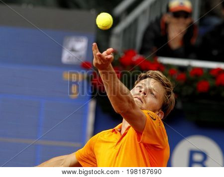 BARCELONA, SPAIN - APRIL, 27: Belgian tennis player David Goffin in action during a match of Barcelona tennis tournament Conde de Godo on April 27, 2017 in Barcelona Spain