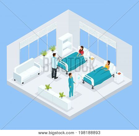 Isometric medical treatment template with doctor visiting sick patients in hospital ward isolated vector illustration