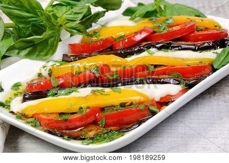 Baked eggplants with tomatoes yellow pepper and slices mozzarella